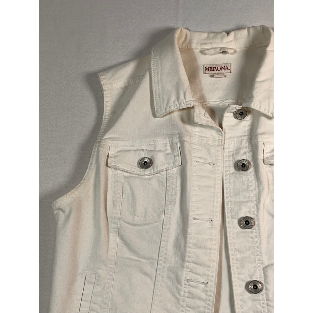 Merona Cream White Denim Vest Womens Large Stretch Button Front Trucker Jacket - Picture 2 of 11